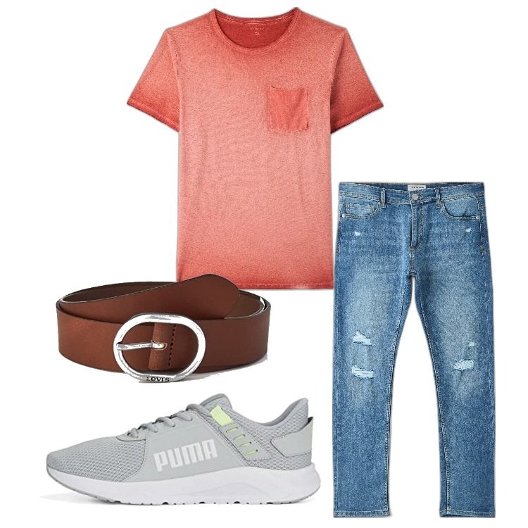 Outfit uomo - Semplice in casual. Stile Casual per Tutti i giorni. Abbinamento con t-shirt, jeans, cinture, scarpe sportive.