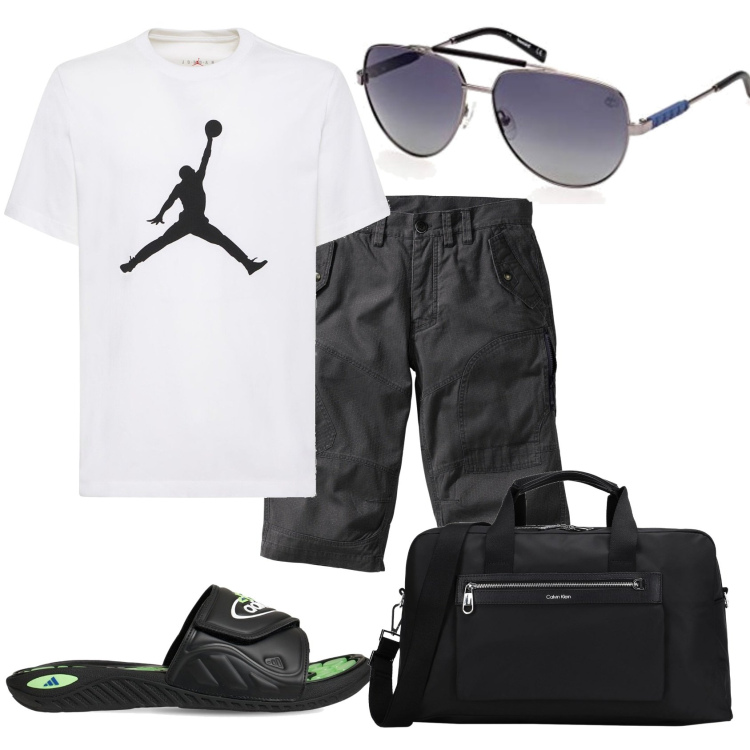 Outfit uomo - In bermuda vado in piscina. Stile Casual per Tutti i giorni. Abbinamento con bermuda, borse sportive, sandali, occhiali da sole, t-shirt.