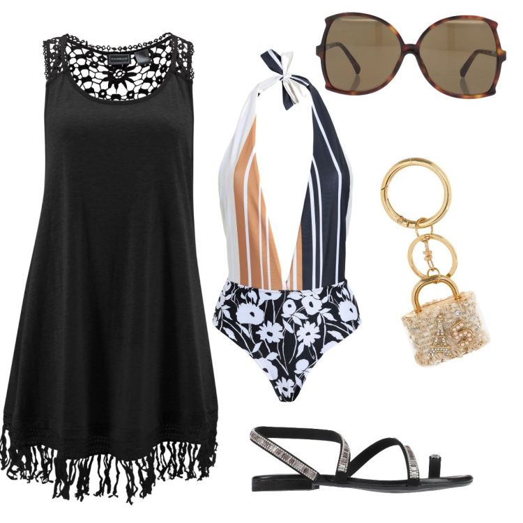 Outfit donna - Summer beach. Stile Bon Ton per Mare. Abbinamento con vestiti da spiaggia, costumi interi, infradito, occhiali da sole, portachiavi.
