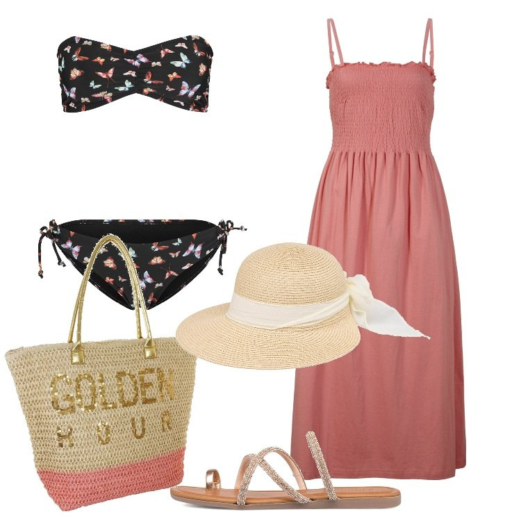 Outfit donna - Summer mood romantica. Stile Romantica per Mare. Abbinamento con bikini, vestiti, cappelli, infradito, borse a secchiello.