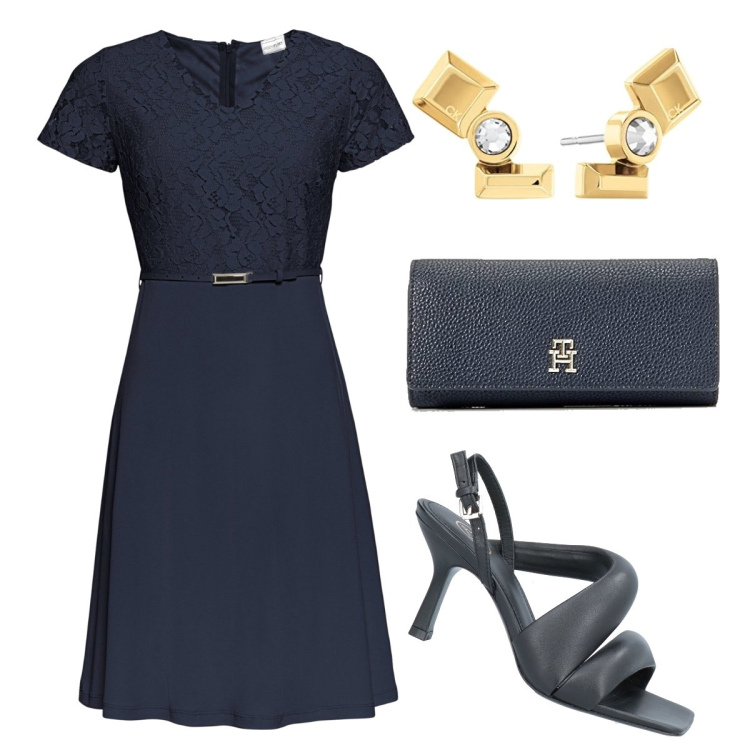 Outfit donna - Cerimonia in blu. Stile Bon Ton per Cerimonia. Abbinamento con vestiti corti, sandali in pelle, portafogli, orecchini.