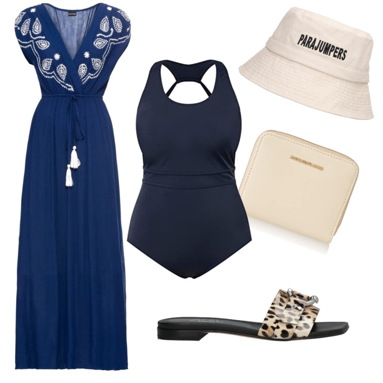 Outfit donna - Le ciabattine maculate. Stile Bon Ton per Mare. Abbinamento con vestiti lunghi, sandali in pelle, costumi interi, cappelli, portafogli.