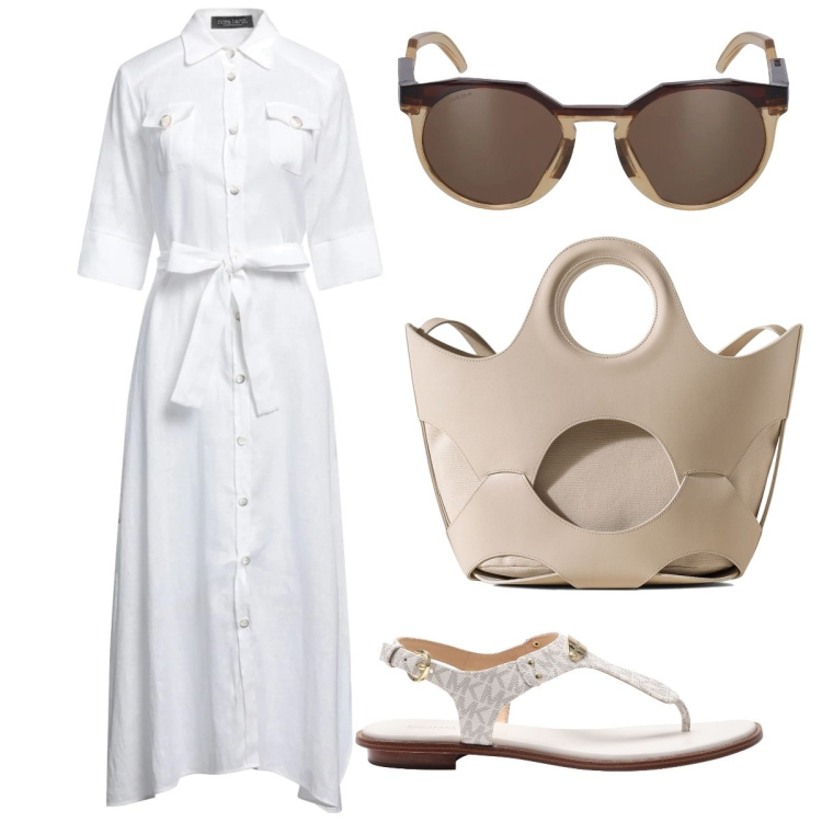 Outfit donna - Bianco d’estate. Stile Bon Ton per Tutti i giorni. Abbinamento con infradito, vestiti midi/longuette, occhiali da sole, shopping bag.