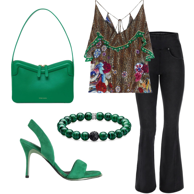 Outfit donna - Cena da amici. Stile Casual per Tutti i giorni. look ideale per Tall. Abbinamento con top, sandali in pelle, jeans a zampa, braccialetti, borse a spalla.