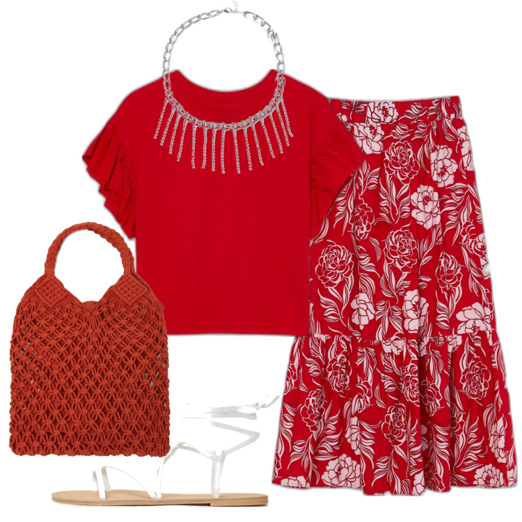 Outfit donna - Red Calliope. Stile Casual chic per Tutti i giorni. Abbinamento con gonne lunghe, t-shirt, borse a spalla, collane, sandali alla schiava.