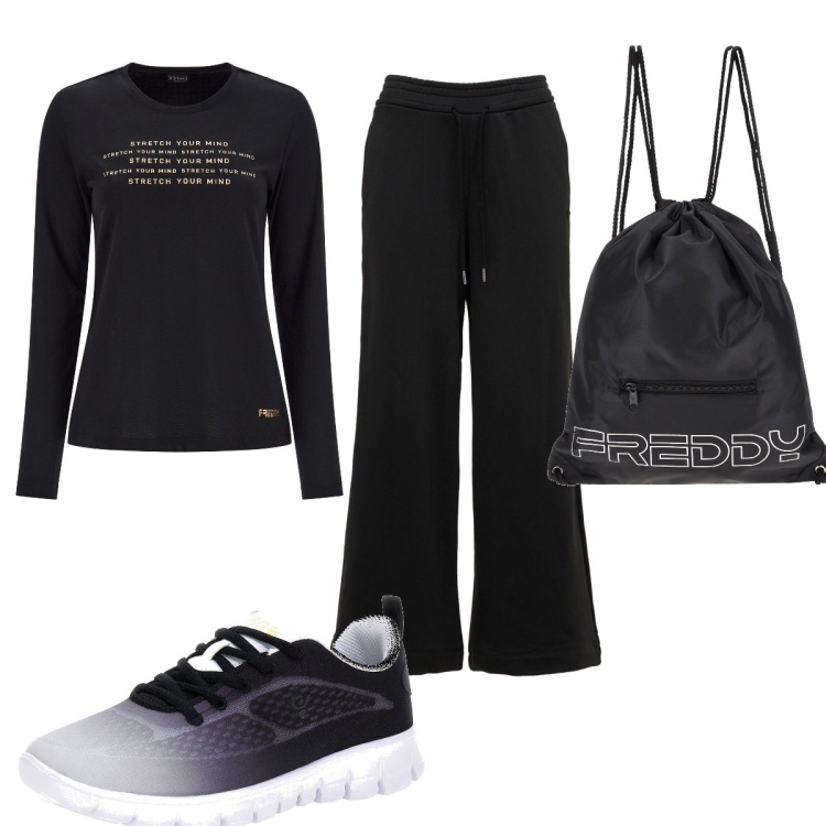 Outfit donna - Total look #1680460. Stile Basic per Sport. Abbinamento con zaini, t-shirt, sneakers alte, pantaloni.