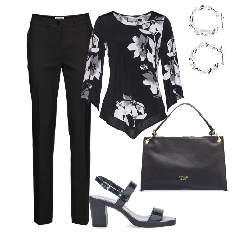 Outfit donna - In ufficio. Stile Casual chic per Ufficio. Abbinamento con pantaloni, orecchini, maglieria, borse a mano, sandali col tacco.