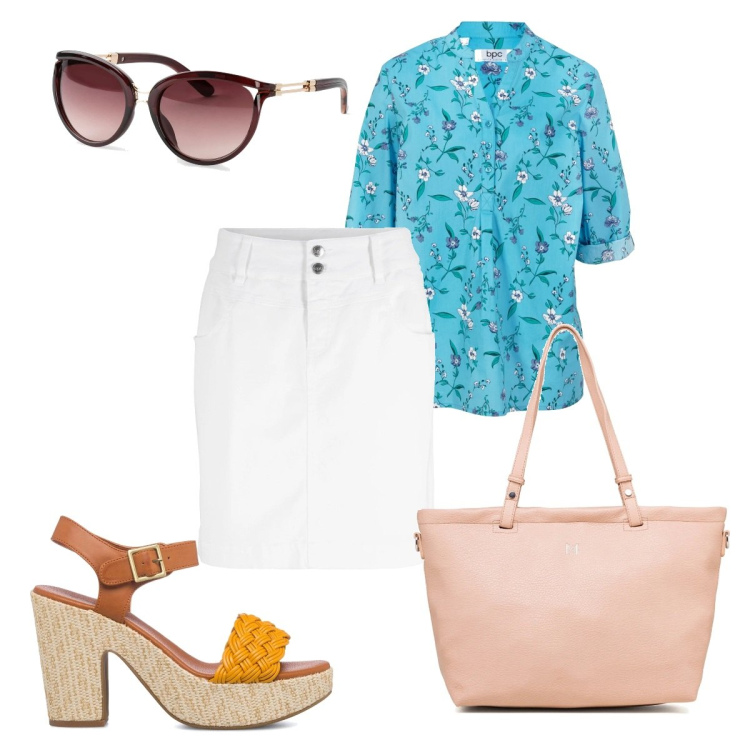 Outfit donna - Total look multicolore. Stile Casual chic per Tutti i giorni. Abbinamento con minigonne, occhiali da sole, bluse, sandali in pelle, borse a spalla.
