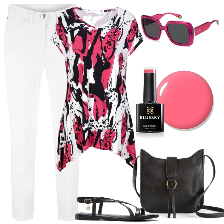 Outfit donna - In ufficio con Bonprix. Stile Basic per Ufficio. Abbinamento con borse a tracolla, maglieria, pantaloni capri, sandali in pelle, occhiali da sole, smalti.