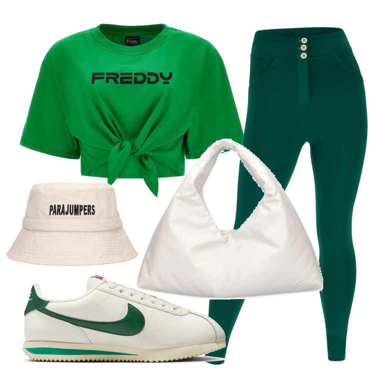 Outfit donna - Total look #1680504. Stile Sporty chic Abbinamento con pantaloni skinny, t-shirt, sneakers, borse a spalla, cappelli.