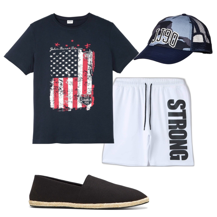 Outfit uomo - In relax. Stile Casual per Tutti i giorni. Abbinamento con espadrillas, t-shirt, bermuda, cappelli con visiera.