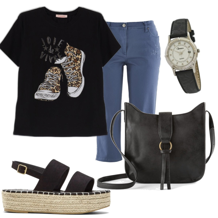 Outfit donna - Total look #1680547. Stile Basic per Tutti i giorni. Abbinamento con borse a tracolla, jeans slim fit, sandali, t-shirt, orologi.