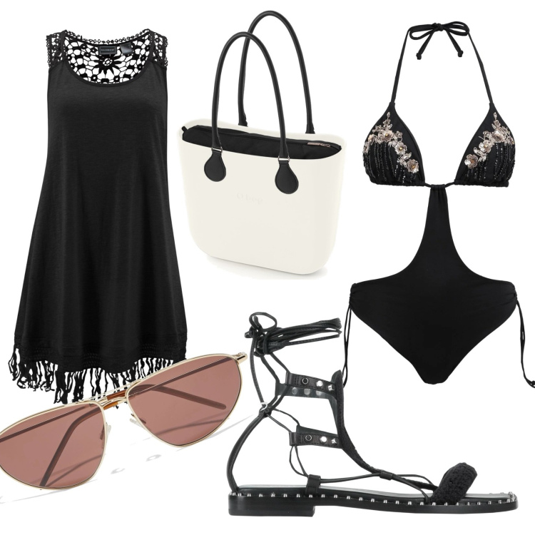 Outfit donna - Total look #1680562. Stile Chic per Mare. Abbinamento con vestiti da spiaggia, bikini, sandali in pelle, occhiali da sole, borse a spalla.