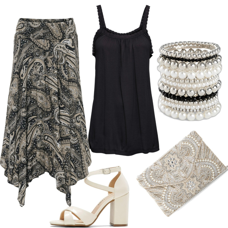 Outfit donna - Aperitivo estivo. Stile Etnico per Serata fuori. Abbinamento con gonne longuette, top, pochette, braccialetti, sandali col tacco.
