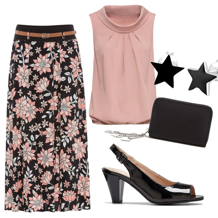 Outfit donna - Al battesimo. Stile Romantica per Cerimonia. Abbinamento con top, gonne lunghe, décolleté, portafogli, orecchini.