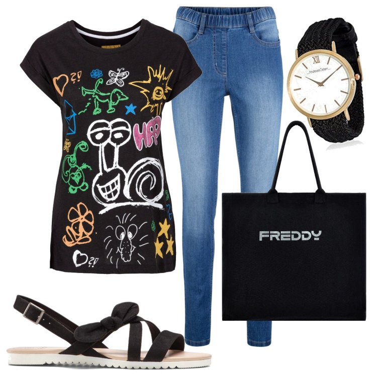 Outfit donna - Total look #1680593. Stile Casual per Tutti i giorni. look ideale per Tall. Abbinamento con t-shirt, jeggings, sandali, borse tote, orologi analogici.