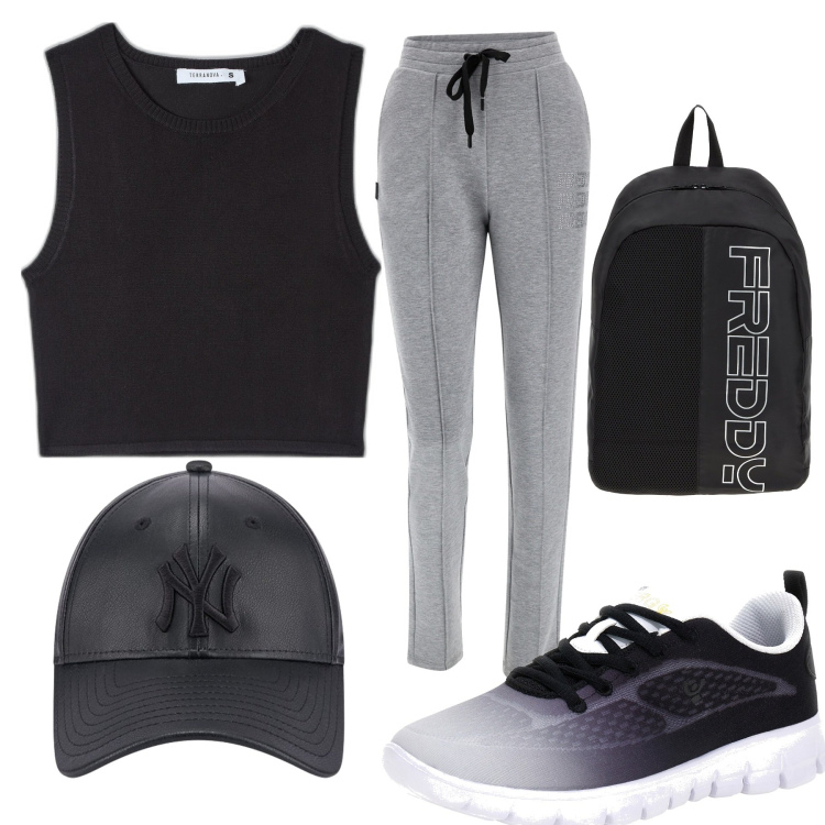 Outfit donna - Jogging al parco. Stile Sporty chic per Sport. Abbinamento con top, zaini, sneakers alte, pantaloni, cappelli.