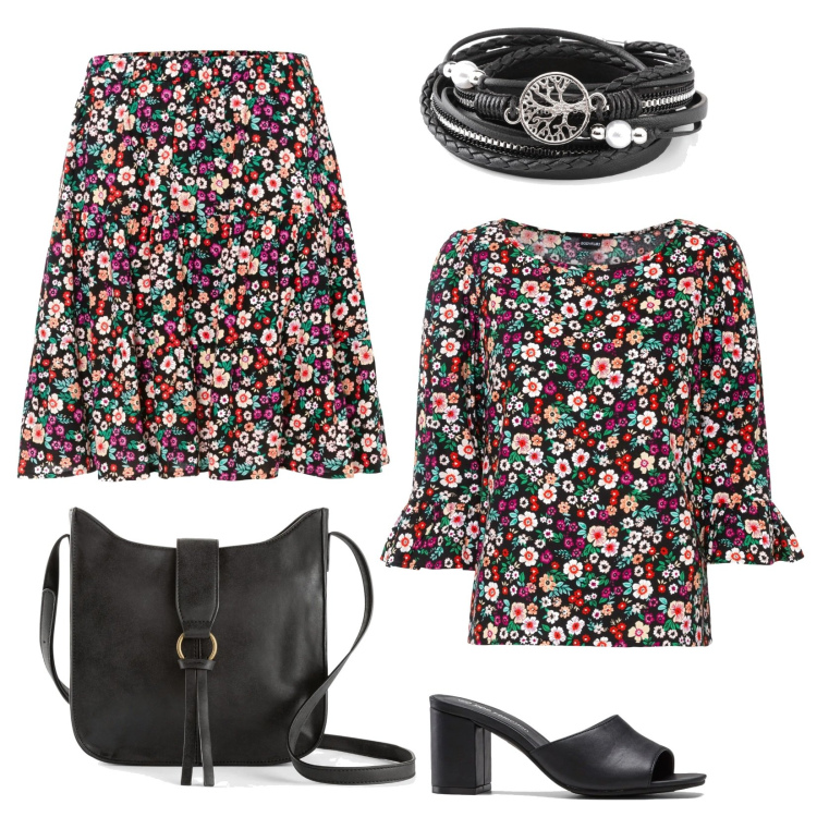 Outfit donna - Total look in super sconto. Stile Casual chic per Ufficio. Abbinamento con ciabatte, borse a tracolla, braccialetti, bluse, gonne.