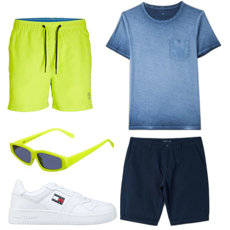 Outfit uomo - Total look #1680665. Stile Casual per Mare. Abbinamento con sneakers, t-shirt, bermuda, occhiali da sole, costumi.