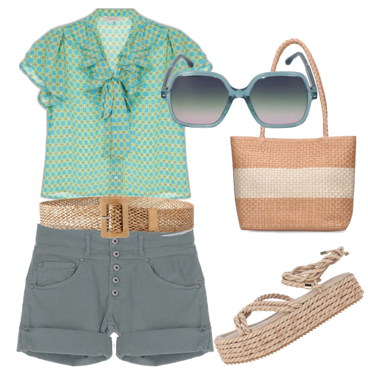 Outfit donna - Tra le bancarelle. Stile Casual chic per Tutti i giorni. Abbinamento con cinture, sandali, camicie a manica corta, shorts, shopping bag, occhiali da sole.