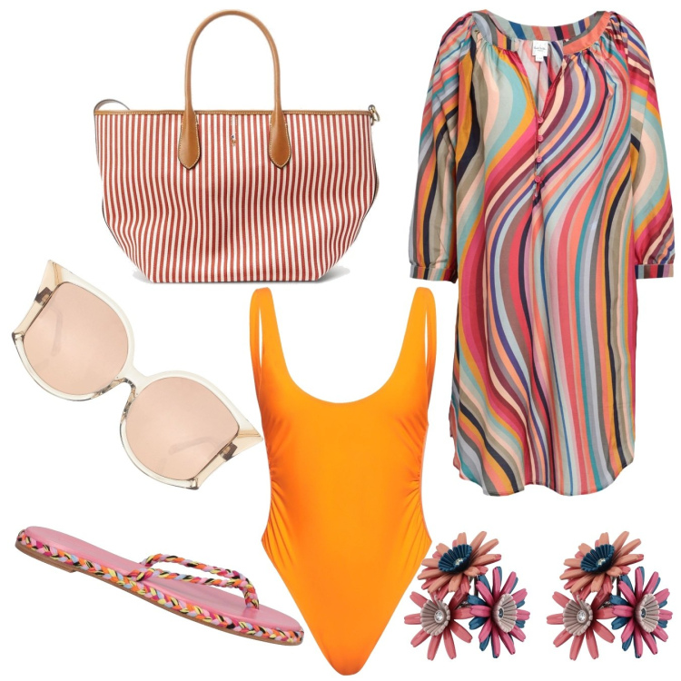 Outfit donna - Full color. Stile Glamour per Mare. Abbinamento con infradito, costumi interi, occhiali da sole, vestiti da spiaggia, orecchini, borse tote.