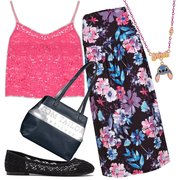 Outfit donna - In vacanza. Stile Casual per Tutti i giorni. Abbinamento con ballerine, gonne, top, collane, shopping bag.
