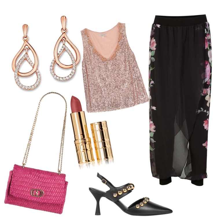 Outfit donna - Ricami e chiffon. per Cerimonia. Abbinamento con pantaloni, décolleté, borse a mano, canottiere, orecchini, rossetti.