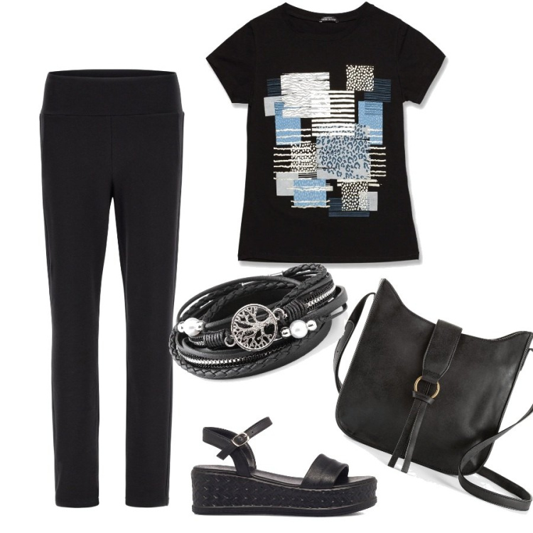 Outfit donna - Total look #1680819. Stile Casual per Tutti i giorni. Abbinamento con borse a tracolla, braccialetti, pantaloni, t-shirt, sandali col tacco.