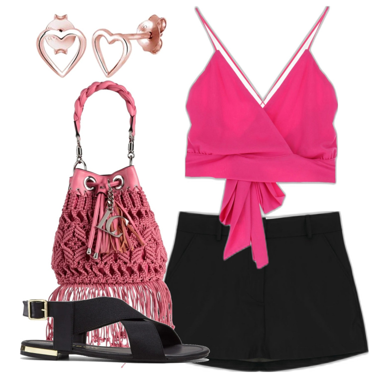 Outfit donna - Fucsia. Stile Chic per Serata fuori. Abbinamento con sandali, borse a secchiello, top, minigonne, orecchini.