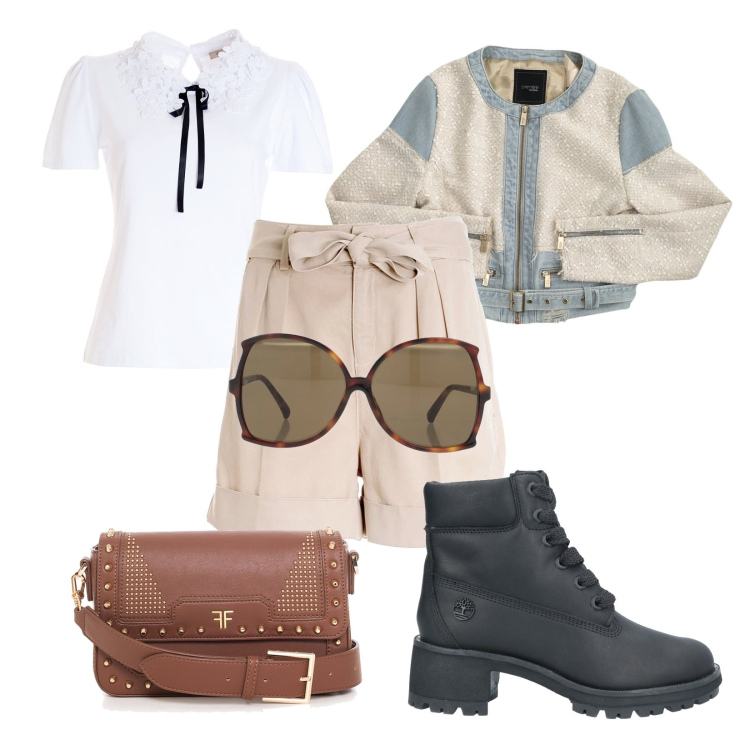 Outfit donna - Estate in città. Stile Preppy per Tutti i giorni. Abbinamento con stivaletti, occhiali da sole, t-shirt, pantaloni corti, bolero, borse a spalla.