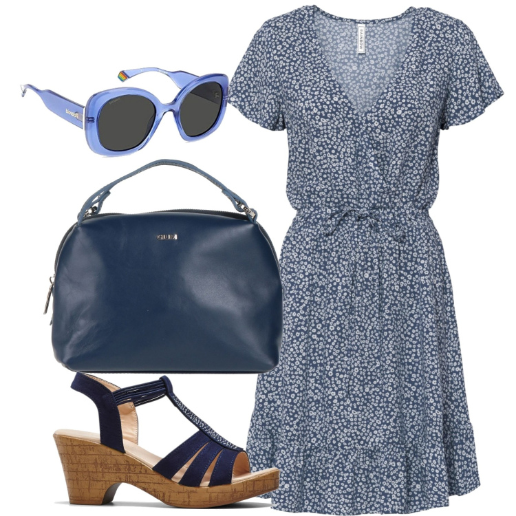 Outfit donna - Blu bon ton. Stile Bon Ton per Tutti i giorni. Abbinamento con vestiti corti, sandali, borse a mano, occhiali da sole.