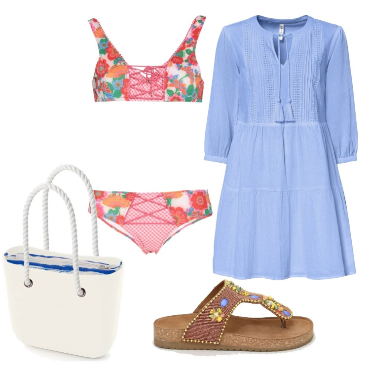 Outfit donna - Tempo di mare. Stile Casual chic per Mare. Abbinamento con vestiti da spiaggia, bikini, infradito, borse a spalla.