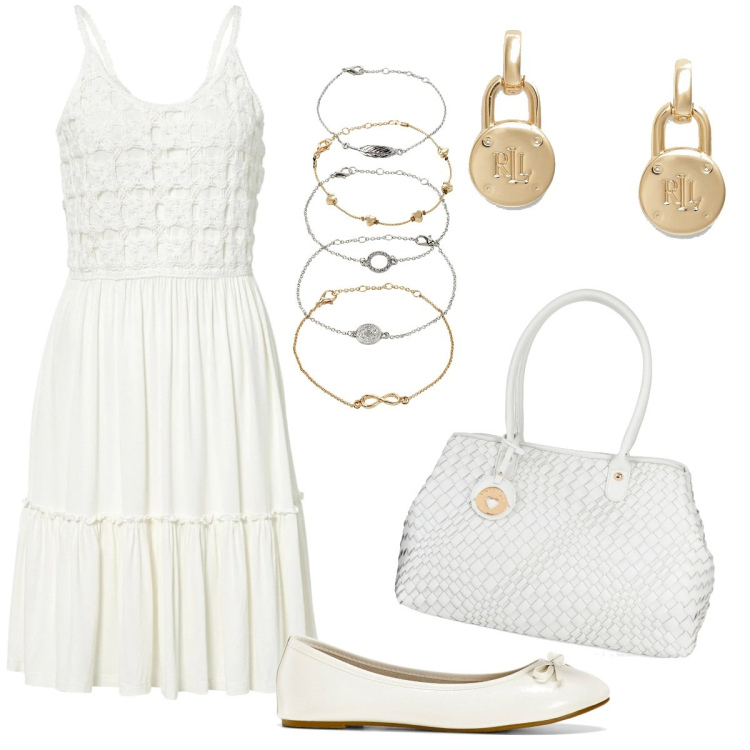 Outfit donna - Total look #1680865. Stile Romantica per Serata fuori. Abbinamento con braccialetti con ciondoli, ballerine, vestiti, borse a mano, orecchini.