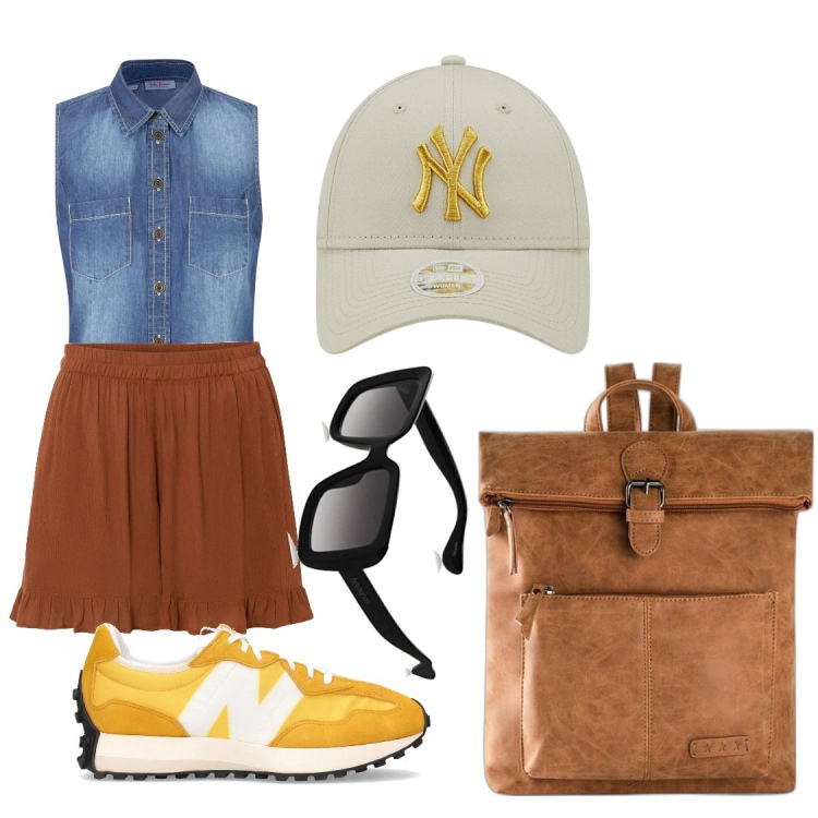 Outfit donna - Tempo Libero. Stile Casual per Sport. Abbinamento con zaini, camicie, shorts, sneakers, occhiali da sole, cappelli.