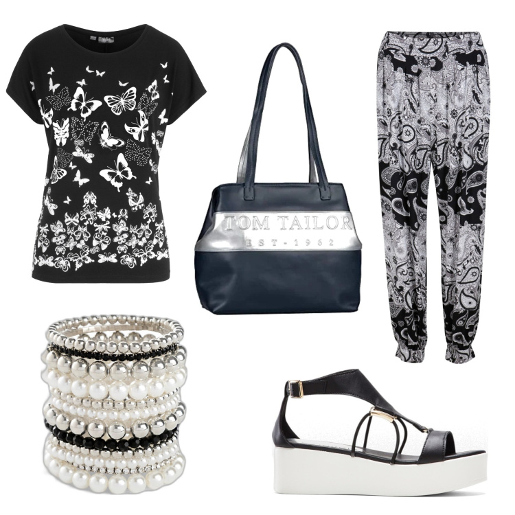 Outfit donna - Bianco e nero. Stile Boho per Serata fuori. Abbinamento con braccialetti, pantaloni, t-shirt, sandali col tacco, shopping bag.