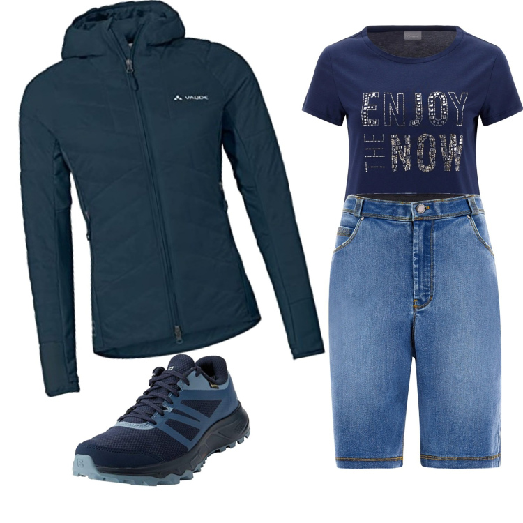 Outfit donna - Passeggiata in montagna. Stile Casual per Tutti i giorni. Abbinamento con bermuda, t-shirt, giacche sportive, scarpe sportive.