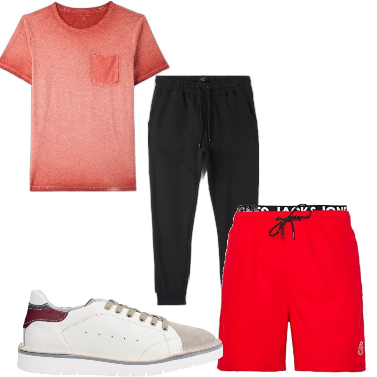 Outfit uomo - Total look #1681054. Stile Trendy per Mare. Abbinamento con sneakers, t-shirt, pantaloni skinny, costumi.