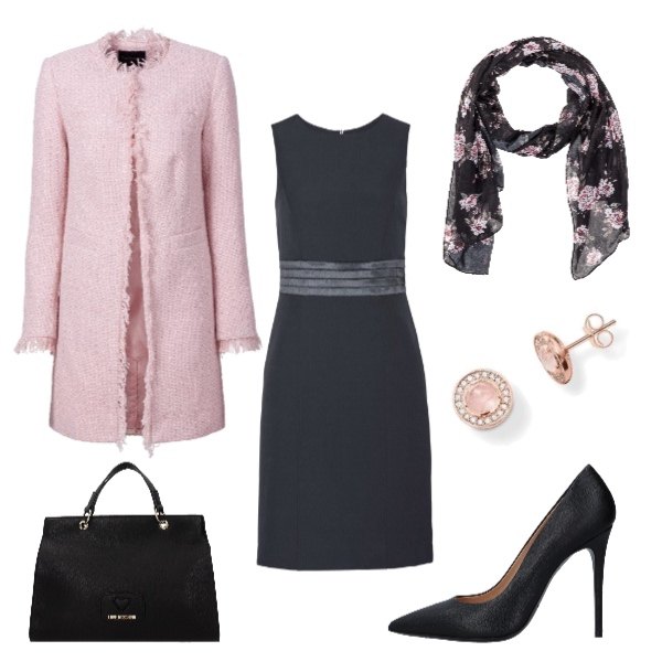 Outfit donna - Cerimonia in rosa e nero. Stile Bon Ton per Cerimonia. Abbinamento con reggiseni, vestito a tubino effetto satinato con fasce nero, blazer, décolleté con stampa a punta tinta unita, borsa a mano con tracolla removibile nero, orecchini forma ovale in argento 925 rosa e bianco e oro.