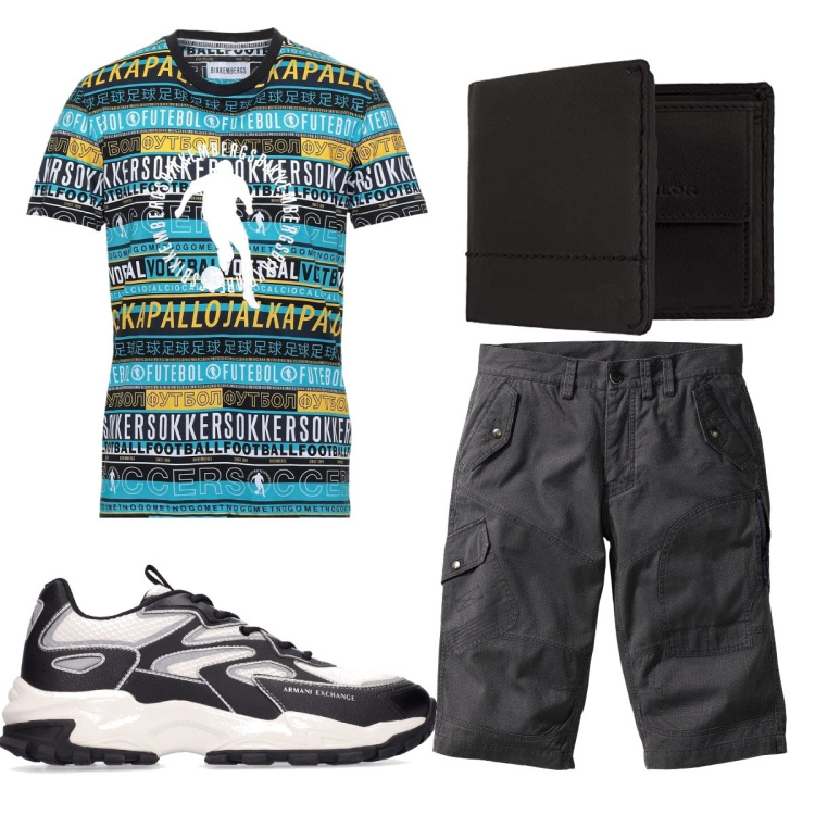 Outfit uomo - Total look #1681073. Stile Trendy per Tutti i giorni. Abbinamento con bermuda, t-shirt, portafogli, sneakers.