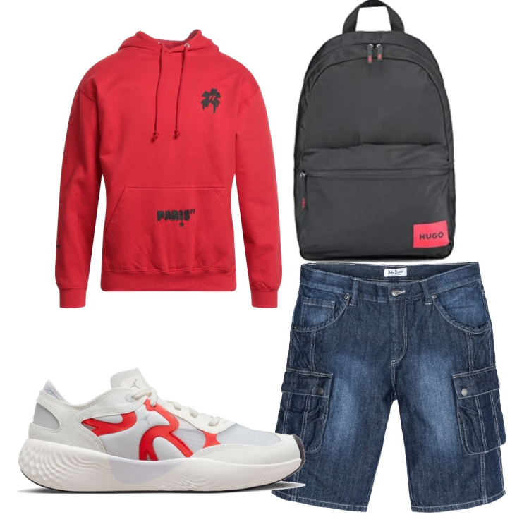 Outfit uomo - Total look #1681076. Stile Trendy per Tutti i giorni. Abbinamento con bermuda, felpe con cappuccio, sneakers, borse sportive.