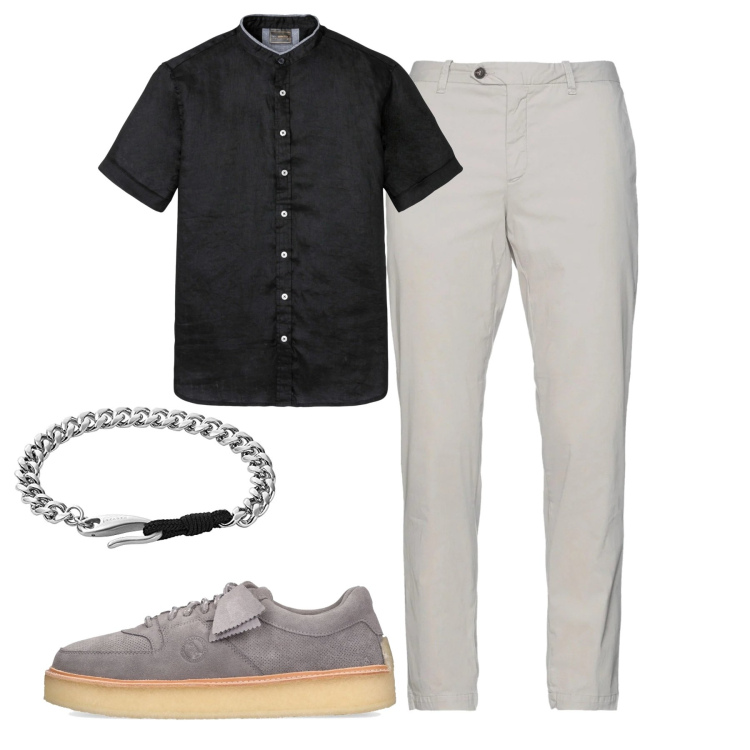 Outfit uomo - In città. Stile Casual per Tutti i giorni. Abbinamento con camicie a manica corta, pantaloni, braccialetti, scarpe stringate.