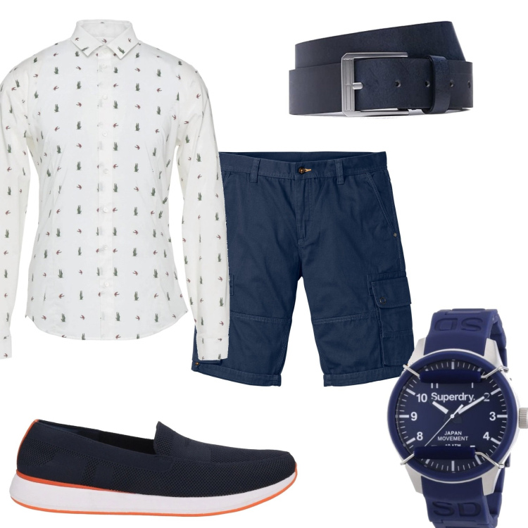 Outfit uomo - Cena al mare con amici. Stile Trendy per Tutti i giorni. Abbinamento con bermuda, camicie, scarpe stringate, orologi, cinture.