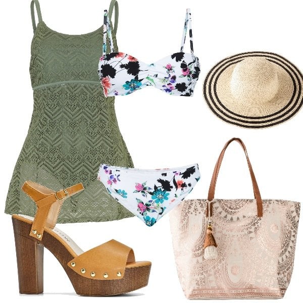 Outfit donna - Bonprix saldi damare. Stile Casual chic per Mare. Abbinamento con bikini, vestiti da spiaggia, shopping bag, sandali col tacco, cappelli.