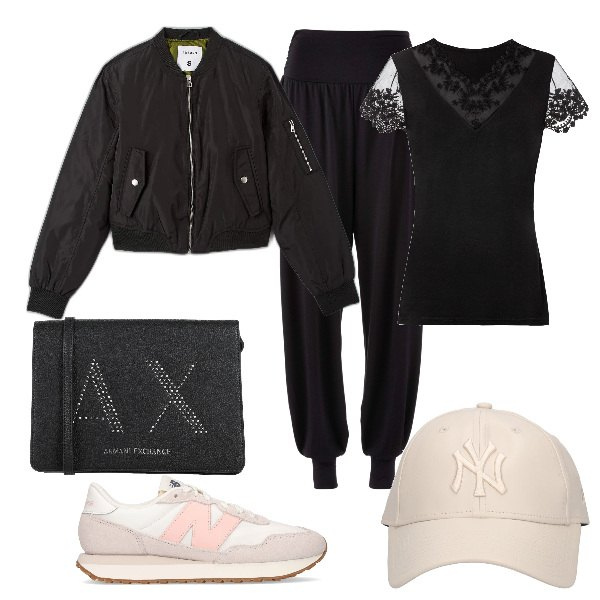 Outfit donna - Total look #1681111. Stile Urban per Tutti i giorni. Abbinamento con pantaloni sportivi, maglieria, borse a tracolla, bomber, sneakers, cappelli.