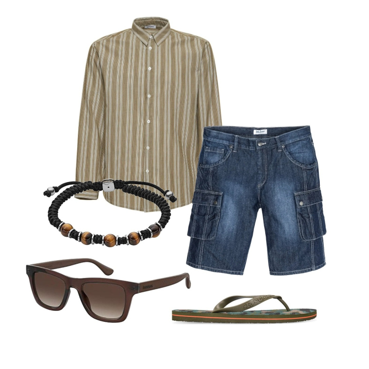 Outfit uomo - Ghost outfitter - luglio. Stile Casual per Tutti i giorni. Abbinamento con bermuda, occhiali da sole, sandali, camicie, braccialetti.