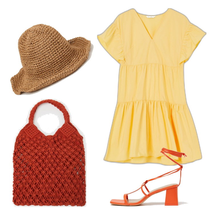 Outfit donna - Basic in summer. Stile Basic per Tutti i giorni. Abbinamento con vestiti corti, borse a spalla, cappelli con visiera, sandali in pelle.