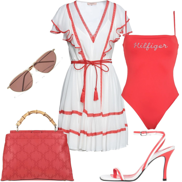 Outfit donna - Apetitivo vista mare in Rosso e bianco. Stile Chic per Mare. Abbinamento con vestiti corti, costumi interi, borse a mano, sandali in pelle, occhiali da sole.