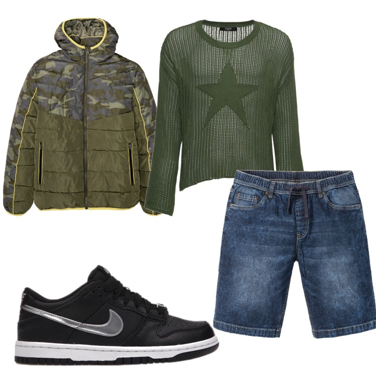 Outfit uomo - Total look #1681146. Stile Trendy per Tutti i giorni. Abbinamento con bermuda, giacche, sneakers, maglieria.