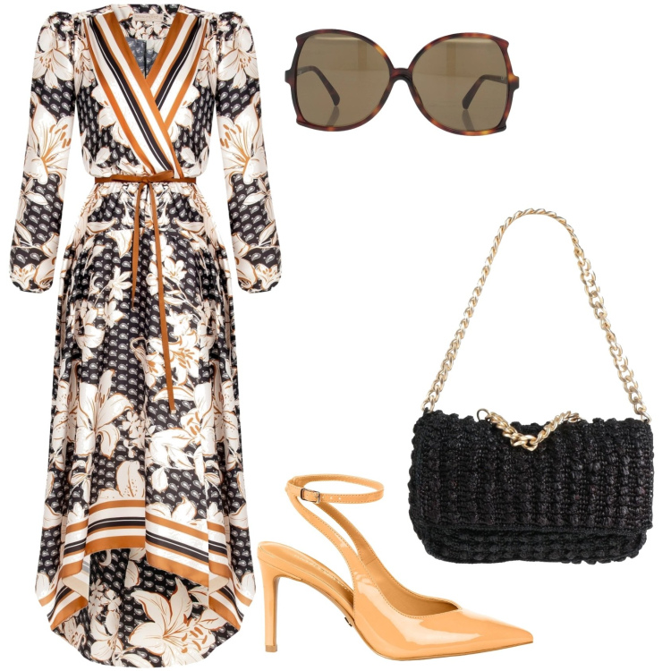 Outfit donna - Abito floreale. Stile Chic per Cerimonia. Abbinamento con borse a mano, occhiali da sole, vestiti asimmetrici, décolleté.