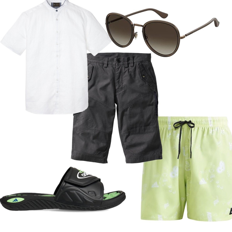 Outfit uomo - Total look #1681204. Stile Trendy per Mare. Abbinamento con bermuda, camicie a manica corta, sandali, costumi, occhiali da sole.